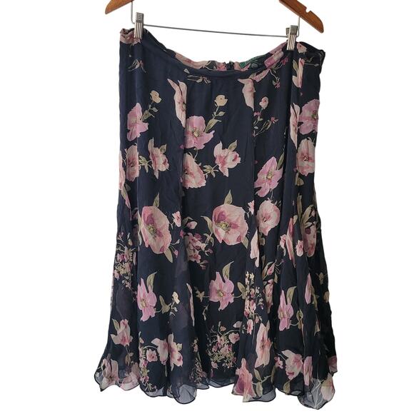 Lauren Ralph Lauren Size 16W 100% Silk Black Floral Ruffle Hem Maxi Skirt - Picture 1 of 8